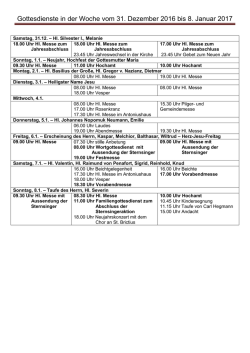 Gottesdienste in der Woche vom 31. Dezember 2016 bis 8. Januar