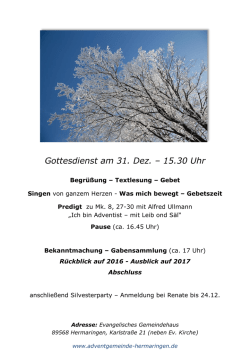 Gottesdienst am 31. Dez. &ndash; 15.30 Uhr