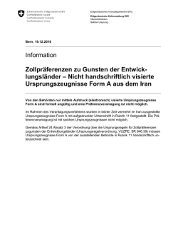 Information der EZV: Ursprungszeugnisse aus dem Iran