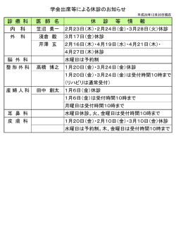 診 療 科 医 師 名 休 診 等 情 報 内 科 学会出席等による休診のお知らせ