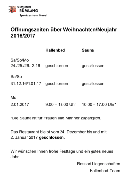 Öffnungszeiten über Weihnachten/Neujahr 2016/2017 Hallenbad