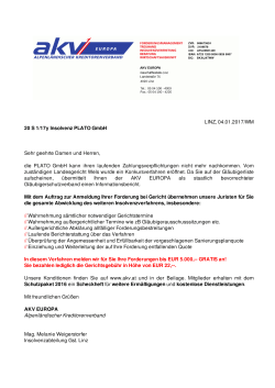 LINZ, 04.01.2017/WM 20 S 1/17y Insolvenz PLATO GmbH Sehr