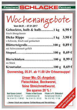 Unser Mo.-Di.-Angebot: Fleischkäse, Bockworst, feine