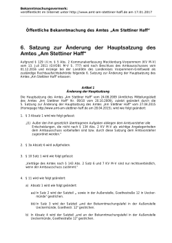 Bekanntmachung 6. Änderung Hauptsatzung Amt "Am Stettiner Haff"