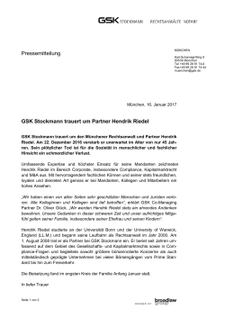 Pressemitteilung GSK Stockmann trauert um Partner Hendrik Riedel