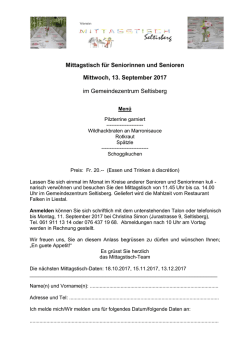 Mittagstisch für Seniorinnen und Senioren Mittwoch, 13. September