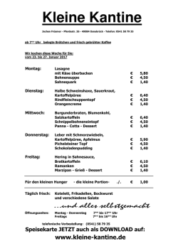 Speisekarte Kleine Kantine 16. bis 20. Januar 2017