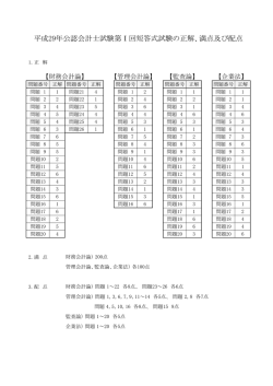 平成29年公認会計士試験第Ⅰ回短答式試験の正解、満点及び配点