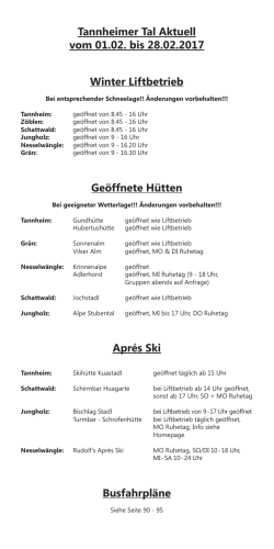 Tannheimer Tal Aktuell vom 01.02. bis 28.02.2017 Winter Liftbetrieb