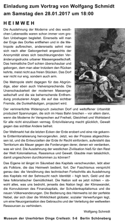 HEIMWEH Einladung zum Vortrag von Wolfgang Schmidt am