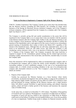 January 27, 2017 Toshiba Corporation FOR IMMEDIATE RELEASE