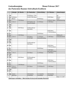 Gottesdienstplan Monat Februar 2017 des Pastoralen Raumes