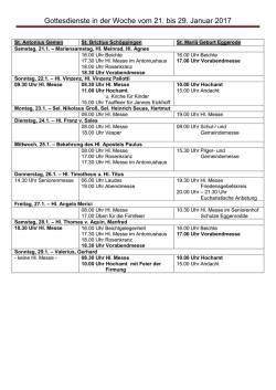 Gottesdienste in der Woche vom 21. bis 29. Januar 2017
