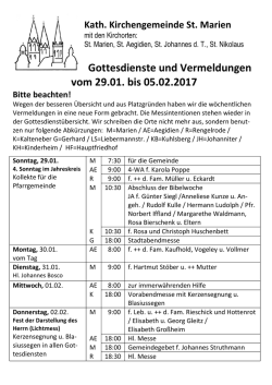 Gottesdienste und Vermeldungen vom 29.01. bis 05.02.2017