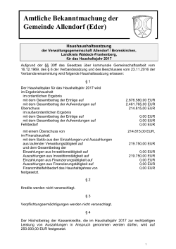 Amtliche Bekanntmachung Haushaushaltssatzung VG Allendorf
