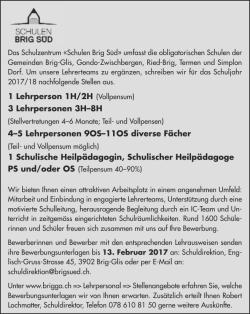 Inserat Lehrpersonal Schuljahr 2017/18
