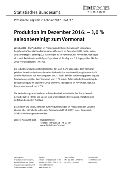 Produktion im Dezember 2016: – 3,0 % saisonbereinigt zum Vormonat