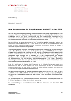 Gute Anlageresultate der Ausgleichsfonds AHV/IV/EO im Jahr 2016