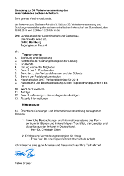 Einladung 30. Vertreterversammlung - Imkerverband Sachsen