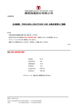北米航路 PSW3=MOL GRATITUDE 102E 本船名変更のご