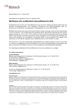 BB Biotech AG veröffentlicht Geschäftsbericht 2016