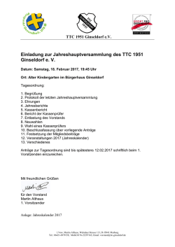 Einladung zur Jahreshauptversammlung des TTC 1951 Ginseldorf e