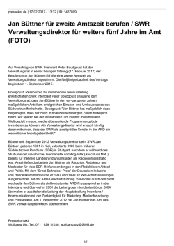 Jan B&uuml;ttner f&uuml;r zweite Amtszeit berufen / SWR Verwaltungsdirektor
