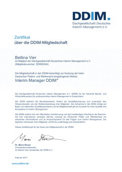 Zertifikat über die DDIM-Mitgliedschaft Bettina Vier Interim Manager