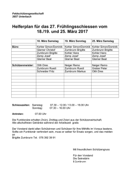 Helferplan f&uuml;r das 27. Fr&uuml;hlingsschiessen vom 18./19. und 25. M&auml;rz