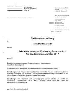 Stellenausschreibung AG-Leiter (m/w) zur Vorlesung Staatsrecht II