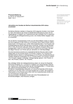 Jahresbilanz der Ums&auml;tze der Berliner Industriebetriebe 2016