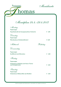 Men&uuml;karte Men&uuml;plan 13.2.-18.2.2017