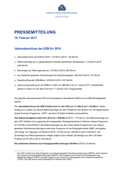 Jahresabschluss der EZB f&uuml;r 2016