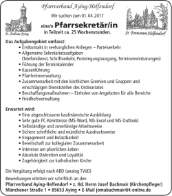 eine/n Pfarrsekret&auml;r/in - Erzbistum M&uuml;nchen und Freising