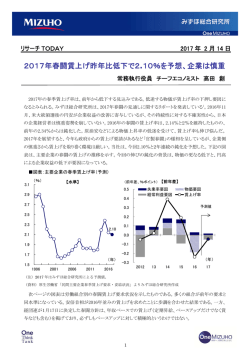 ［リサーチTODAY］2017年春闘賃上げ昨年比低下で2.10％を予想
