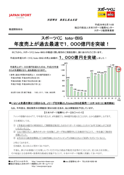 スポーツくじtoto・BIG 年度売上が過去最速で1000億円を突破！