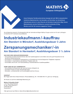 Stellenanzeige Auszubildende 2017, Mathys Deutschland GmbH