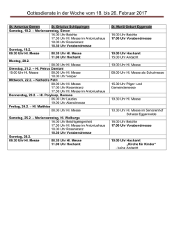Gottesdienste in der Woche vom 18. bis 26. Februar 2017