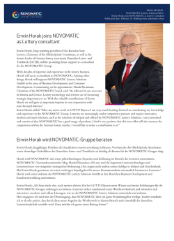 Erwin Horak joins NOVOMATIC as Lo ery consultant Erwin Horak