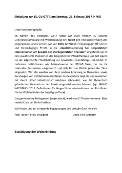 Einladung zur 15. GV GTTA am Sonntag, 26. Februar 2017 in Wil