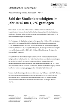 Zahl der Studienberechtigten im Jahr 2016 um 1,9 % gestiegen