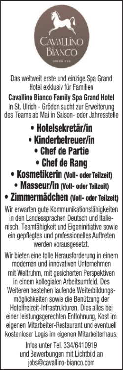 Hotelsekret&auml;r/in &bull; Kinderbetreuer/in &bull; Chef de