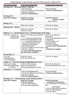 Gottesdienste in der Woche vom 26. Februar bis 5. M&auml;rz 2017