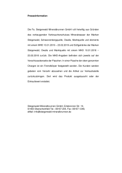 Presseinformation Die Fa. Steigerwald Mineralbrunnen GmbH ruft