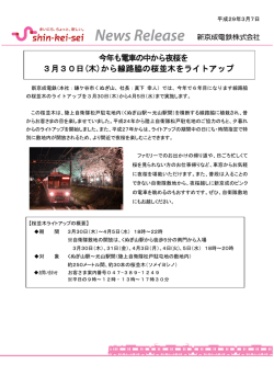 今年も電車の中から夜桜を 3月30日(木)から線路脇の桜並木をライト