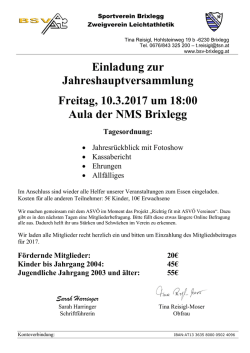Einladung zur Jahreshauptversammlung Freitag, 10.3.2017 um 18