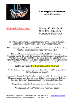 Montag, 20. März 2017 19.30 Uhr – 20.45 Uhr Pfarreiheim Neuenkirch