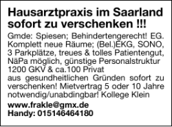Hausarztpraxis im Saarland sofort zu verschenken !!!
