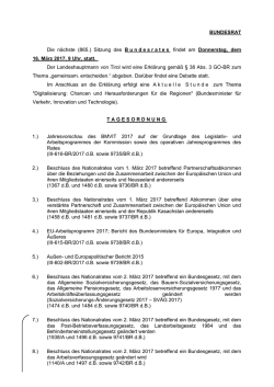 BUNDESRAT Aviso Die nächste (865.) Sitzung des