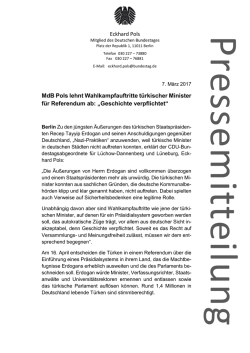 Eckhard Pols MdB Pols lehnt Wahlkampfauftritte t&uuml;rkischer Minister